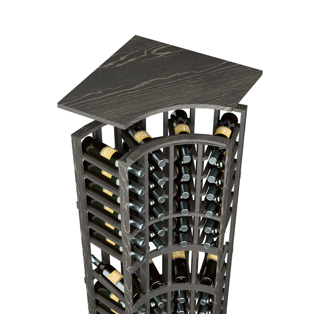 Dark grey curved corner wine rack top shelf with bottle storage columns and arched arch