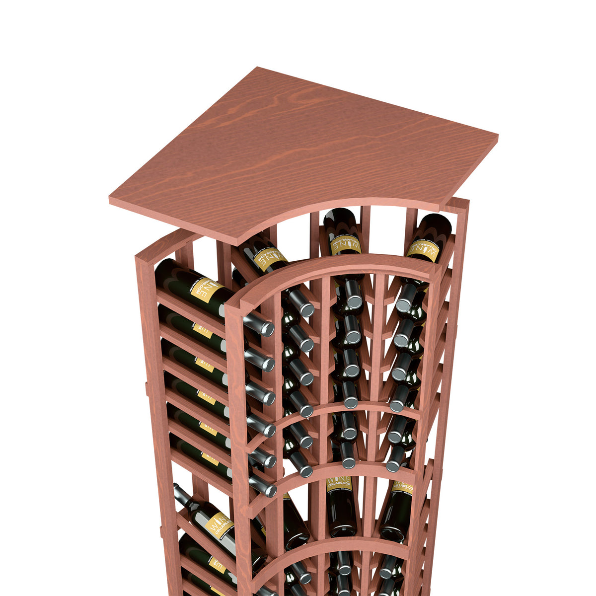 Red-brown curved corner wine rack top shelf with bottle slots and rounded arched frame