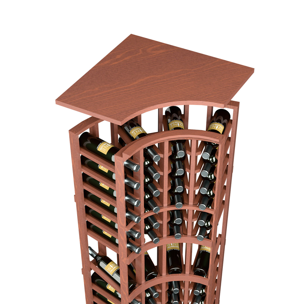 Warm red-brown curved corner wine rack top shelf with bottle slots and arched front