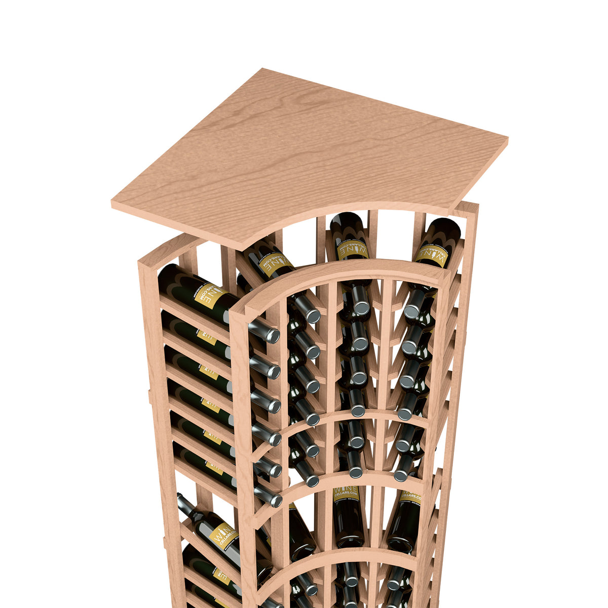 Light tan curved corner wine rack top shelf with bottle slots and rounded arched frame