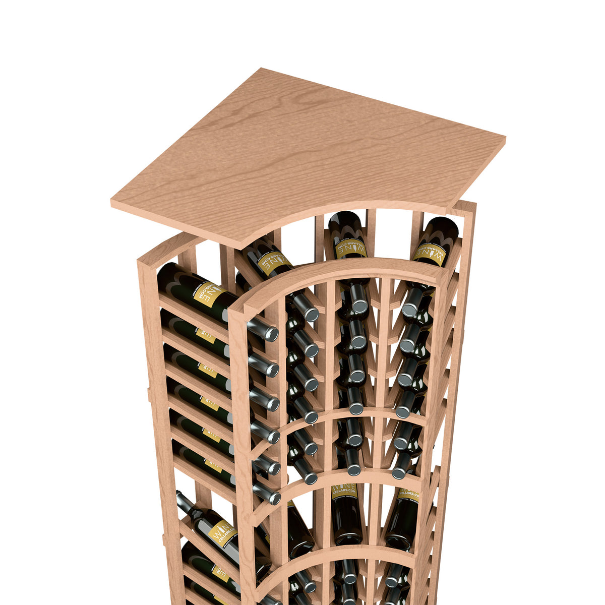 Natural light tan curved corner wine rack top shelf with bottle storage columns and arch