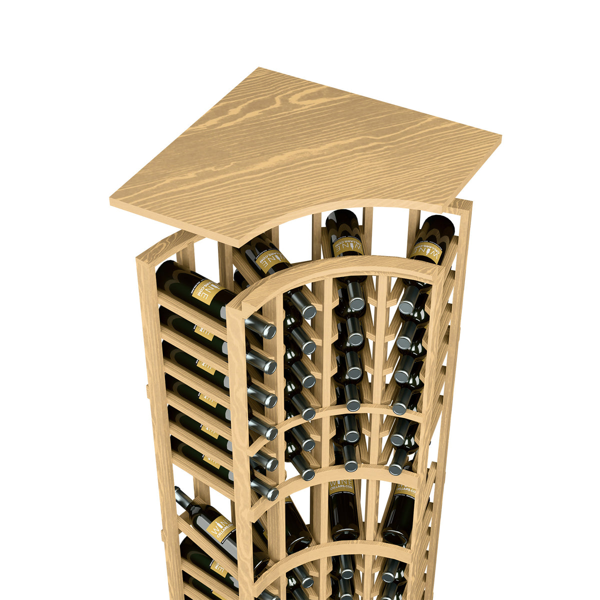 Pale wood curved corner wine rack top shelf with bottle slots and arched metal holders