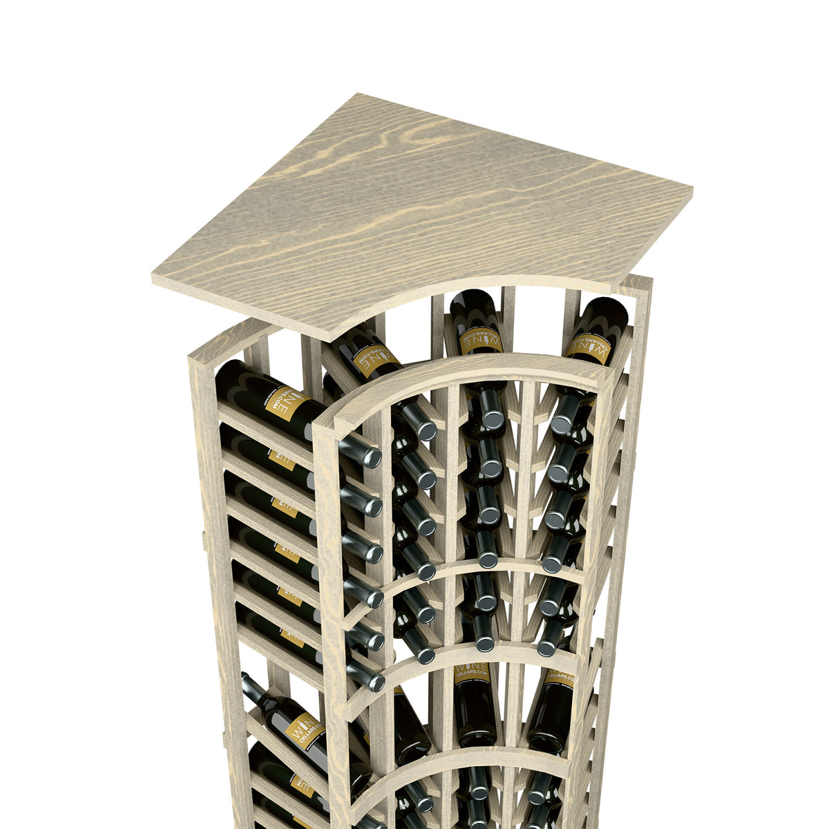 Light gray wood wine rack with curved top shelf and bottle slots, 4-column design