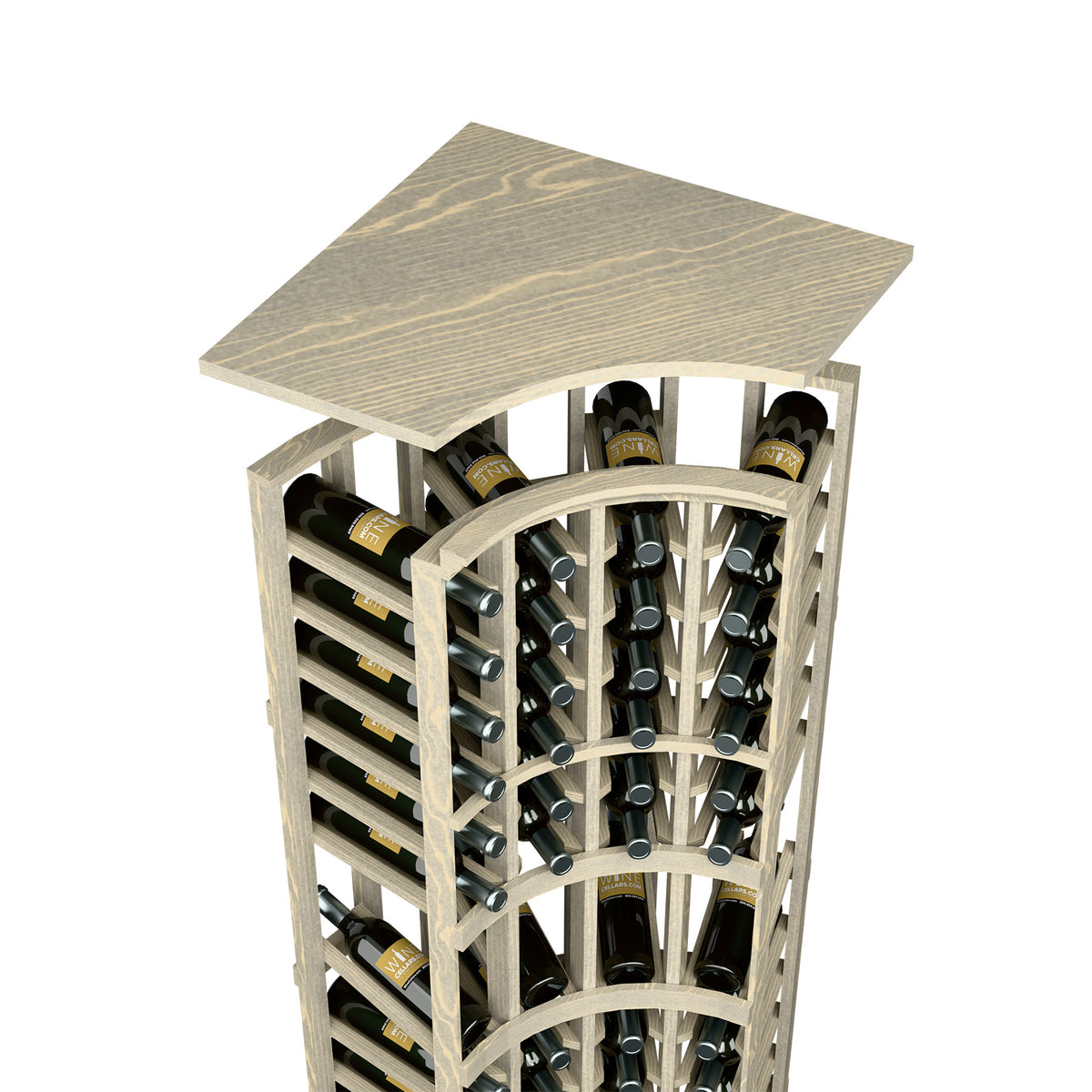 Light gray wood wine rack with curved top shelf and bottle slots, front view