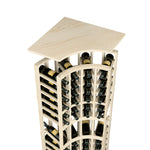 Natural wood wine rack with curved top shelf and bottle slots, 4-column layout