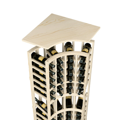 Natural wood wine rack with curved top shelf and bottle slots, 4-column layout