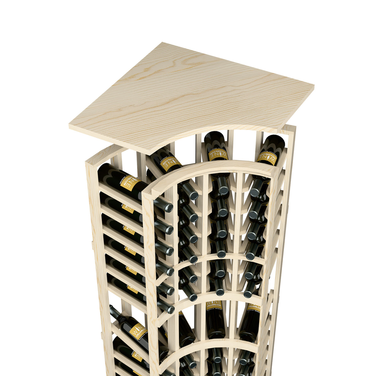 Natural wood wine rack with curved top shelf and bottle slots, front corner view
