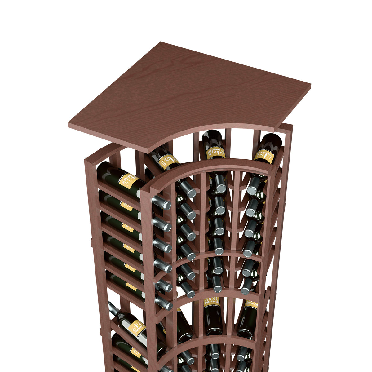 Dark brown wood wine rack with curved top shelf and bottle slots, front view