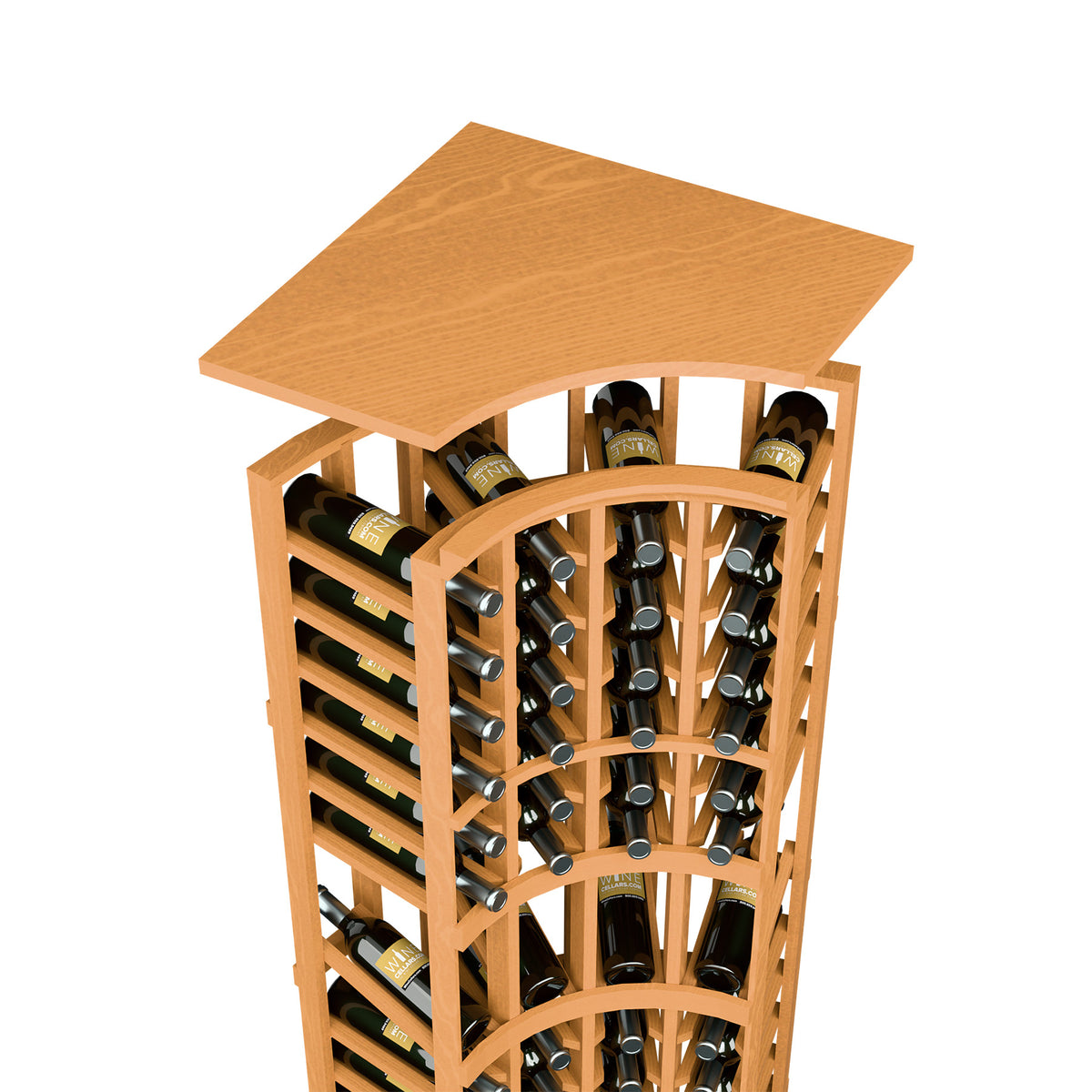 Warm wood wine rack with curved top shelf and bottle slots, 4-column layout