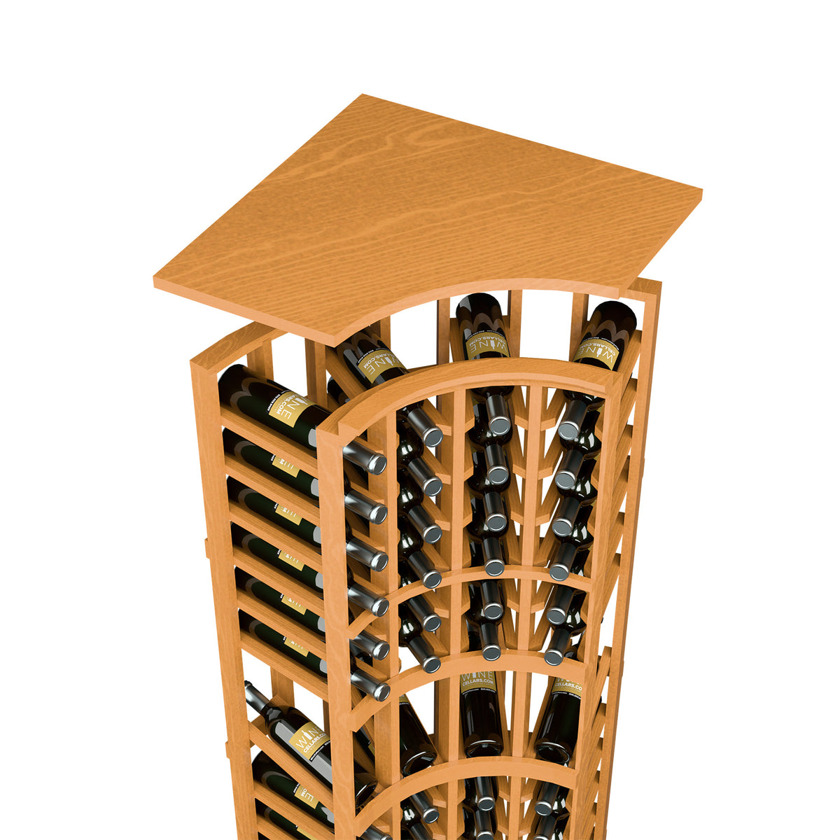 Warm wood wine rack with curved top shelf and bottle slots, front corner view