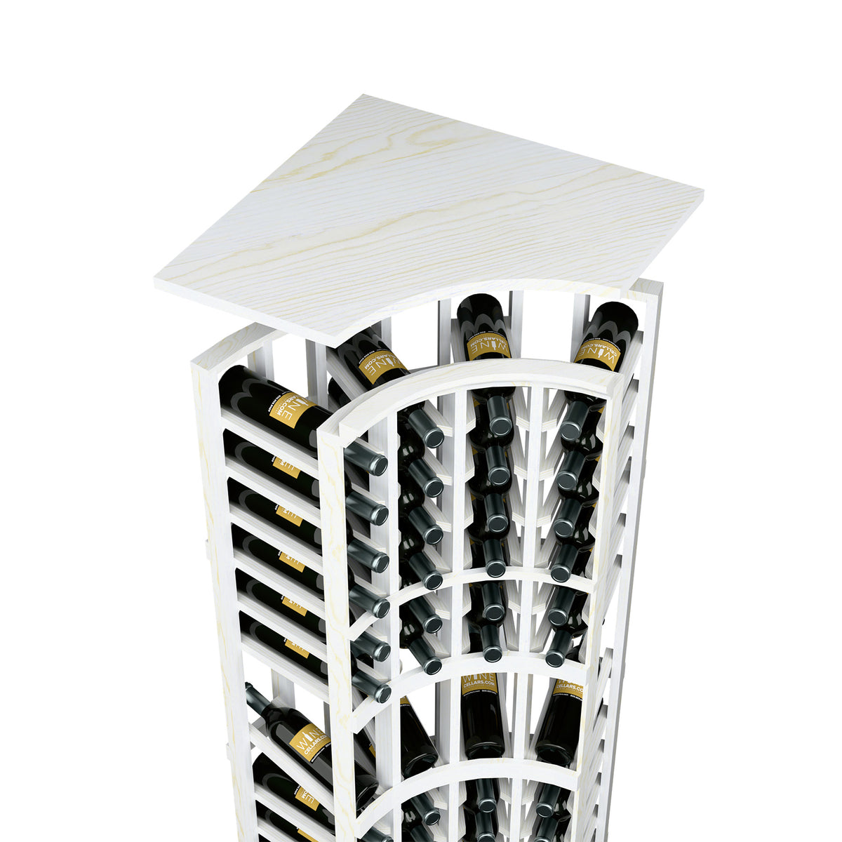 Whitewashed wood wine rack with curved top shelf and bottle slots, front view