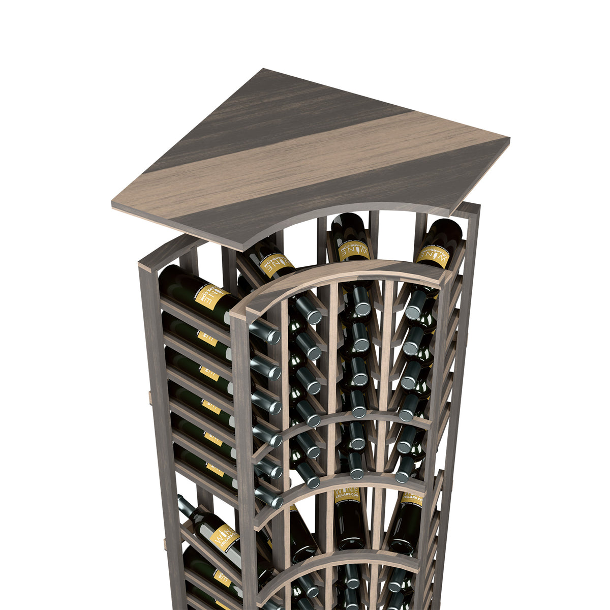 Curved corner wine rack top shelf with dark wood frame and arched bottle slots