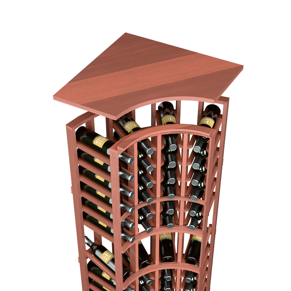 Curved corner wine rack top shelf with reddish wood and arched bottle slots at an angle