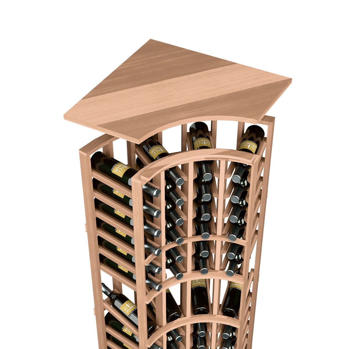 Curved corner wine rack top shelf with light wood frame and arched bottle slots