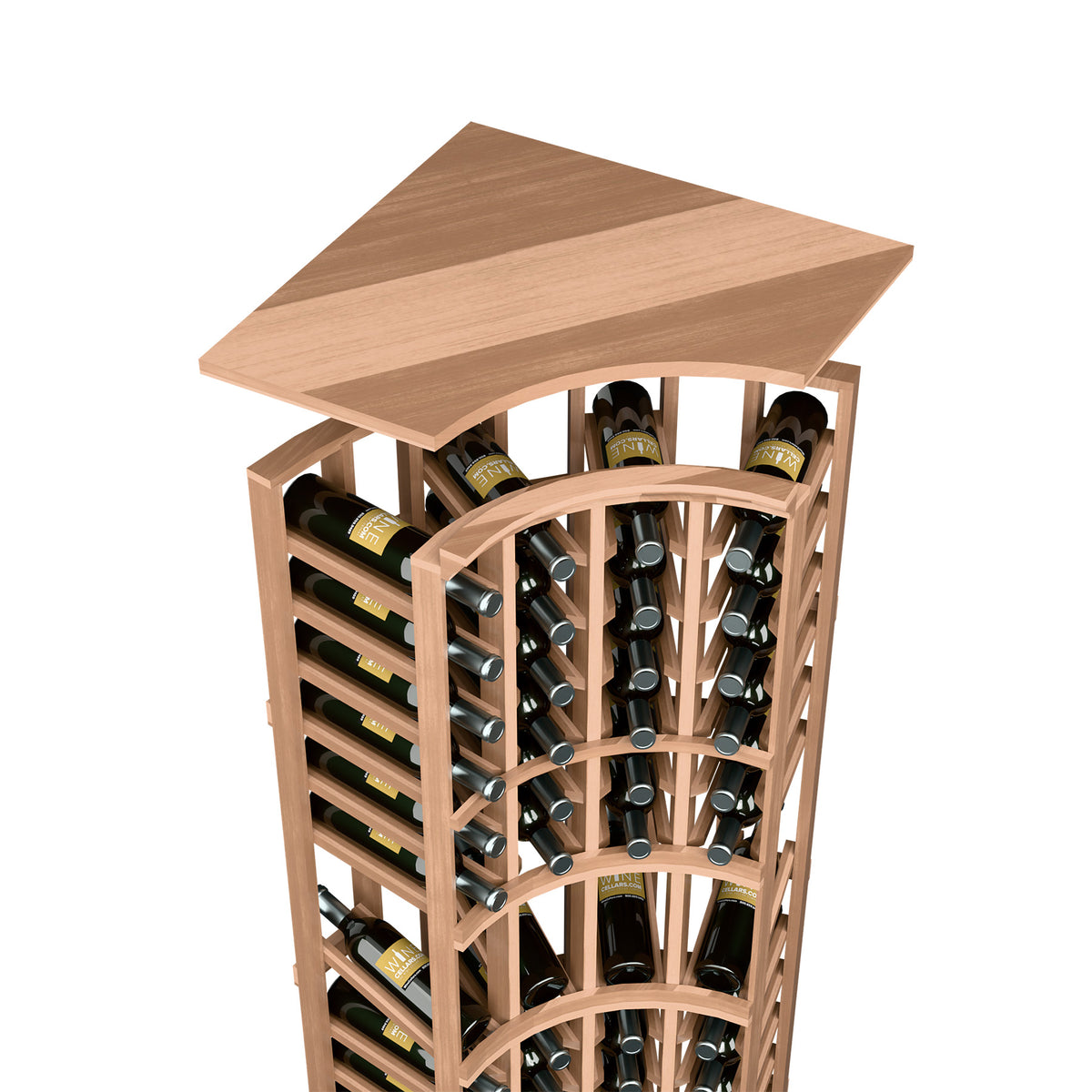 Curved corner wine rack top shelf with light wood frame and arched bottle slots, front view