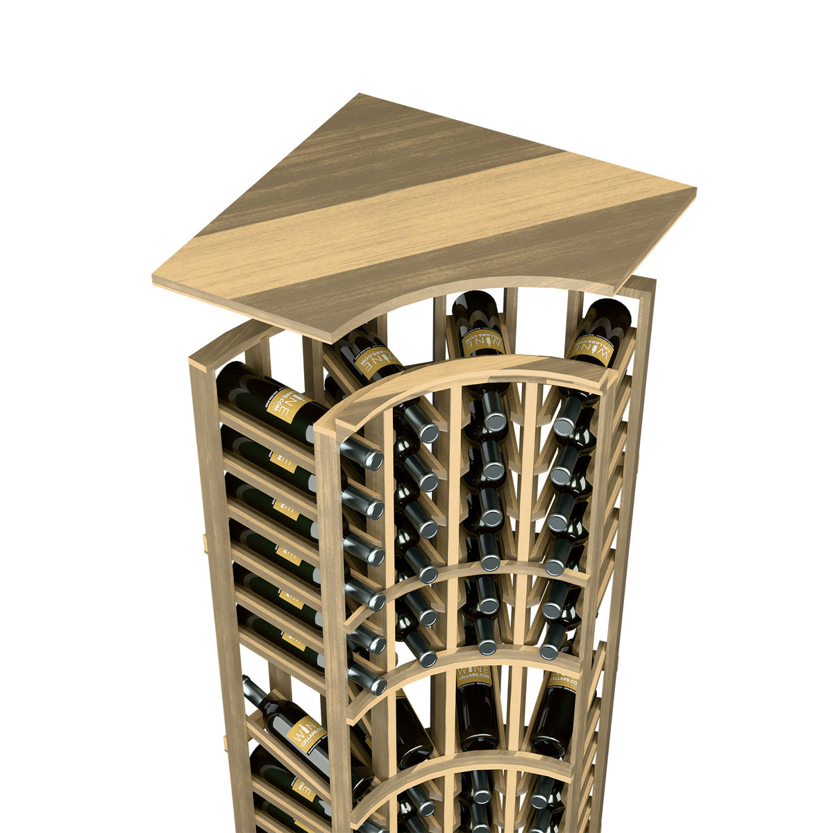 Curved corner wine rack top shelf with warm light wood frame and arched bottle slots