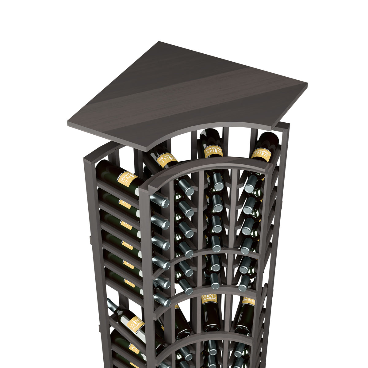 Curved corner wine rack top shelf with dark grey frame and arched bottle slots