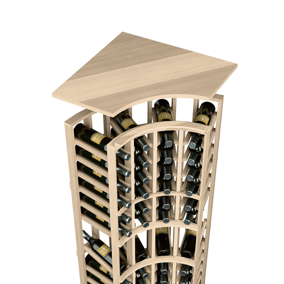 Solid top wine rack with curved corner design, light stained wood, bottle slots