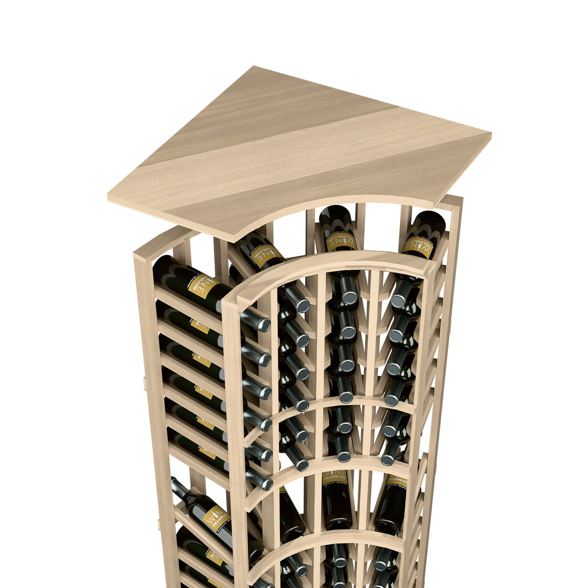 Solid top wine rack for curved corner, light wood frame, arched bottle storage