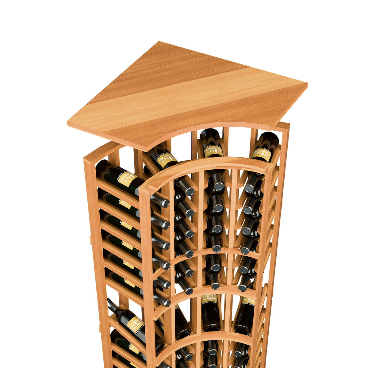 Solid top wine rack for curved corner, warm wood tone, arched rows of bottles