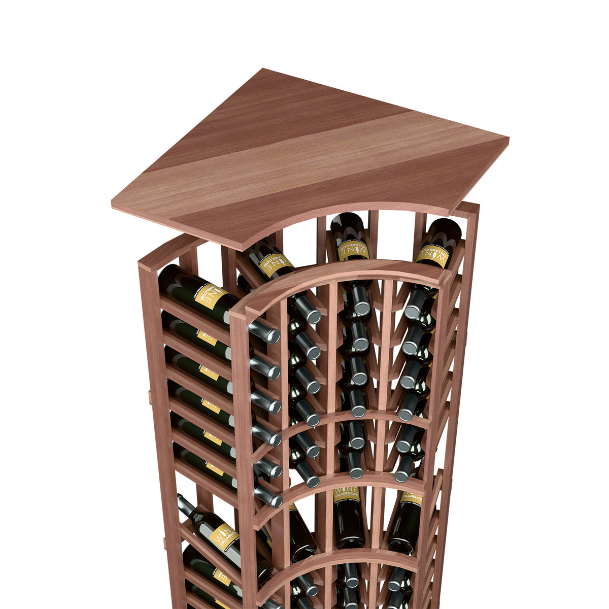 Solid top wine rack for curved corner, rich dark stain, arched bottle slots