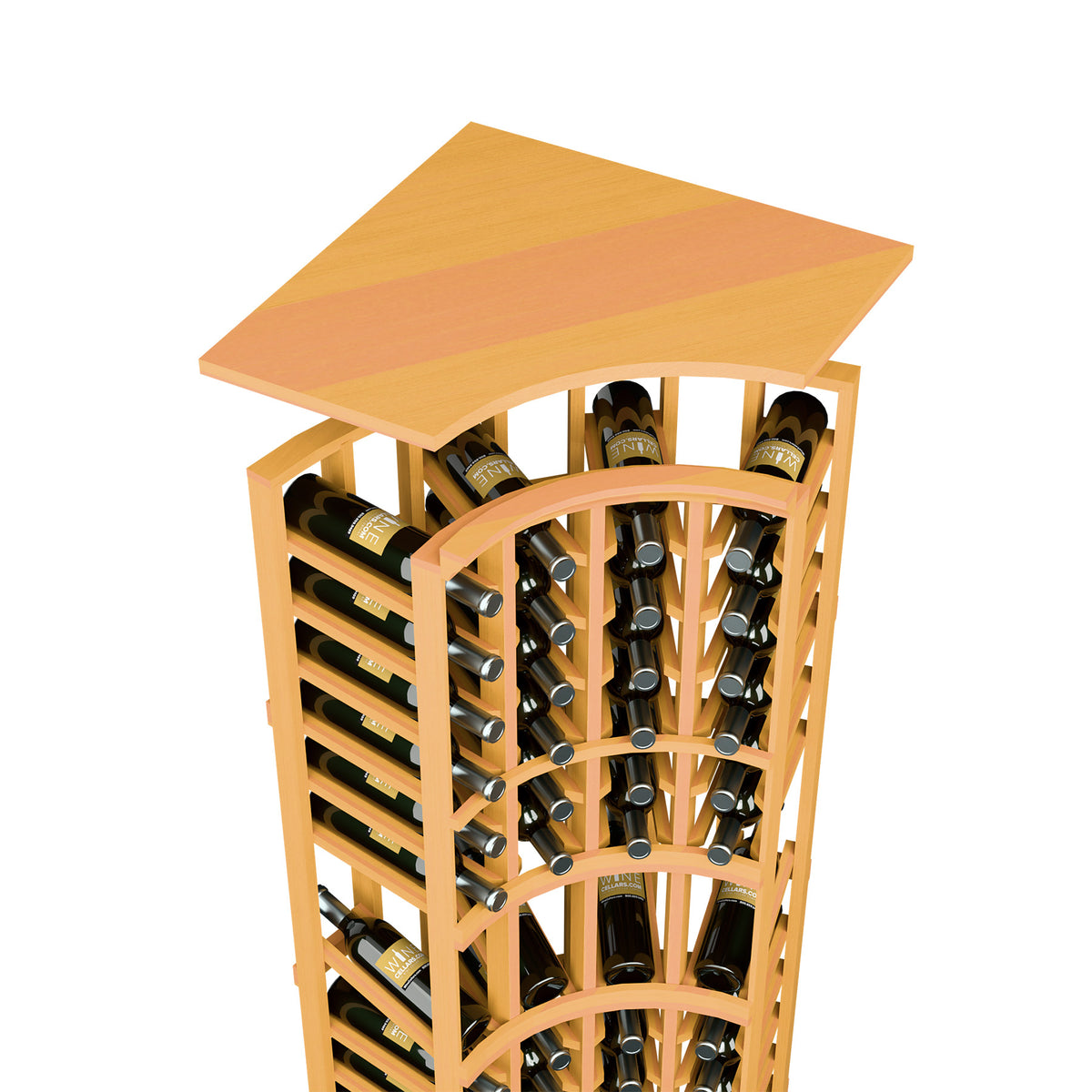 Solid top wine rack with curved corner, light honey wood finish, bottle rows