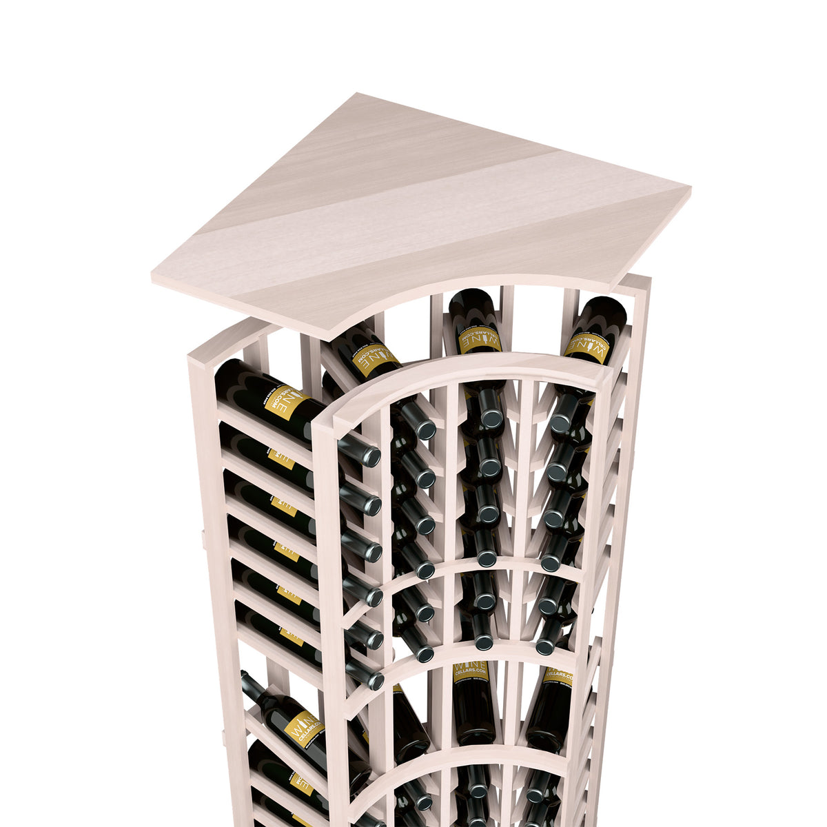 Solid top wine rack with curved corner, white-washed frame, arched bottle slots