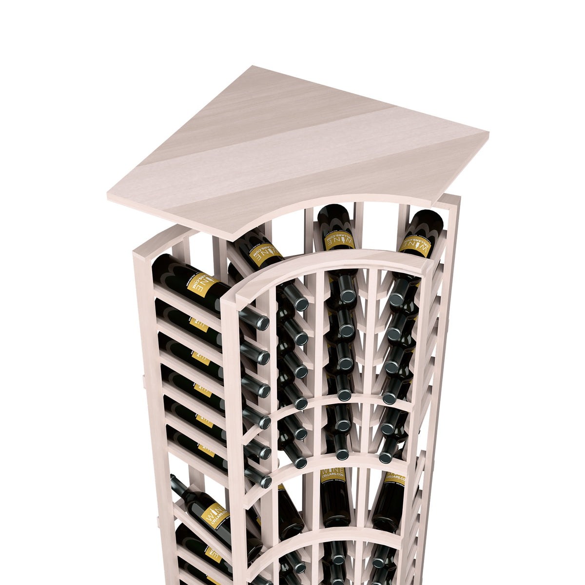 Solid top wine rack for curved corner, white-washed wood frame, bottle storage