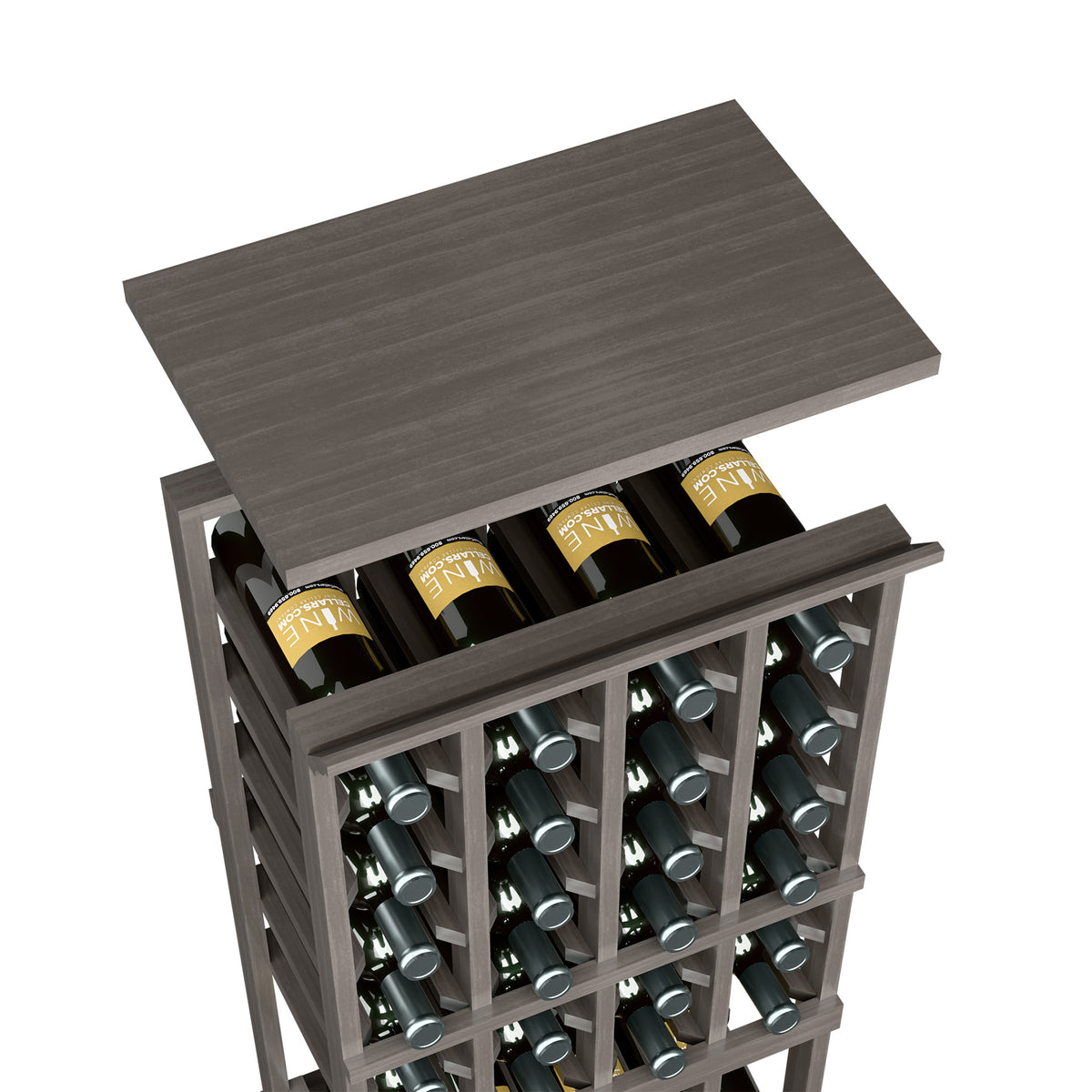 Gray wood wine rack top shelf with wine bottles arranged in 4-column cubbies