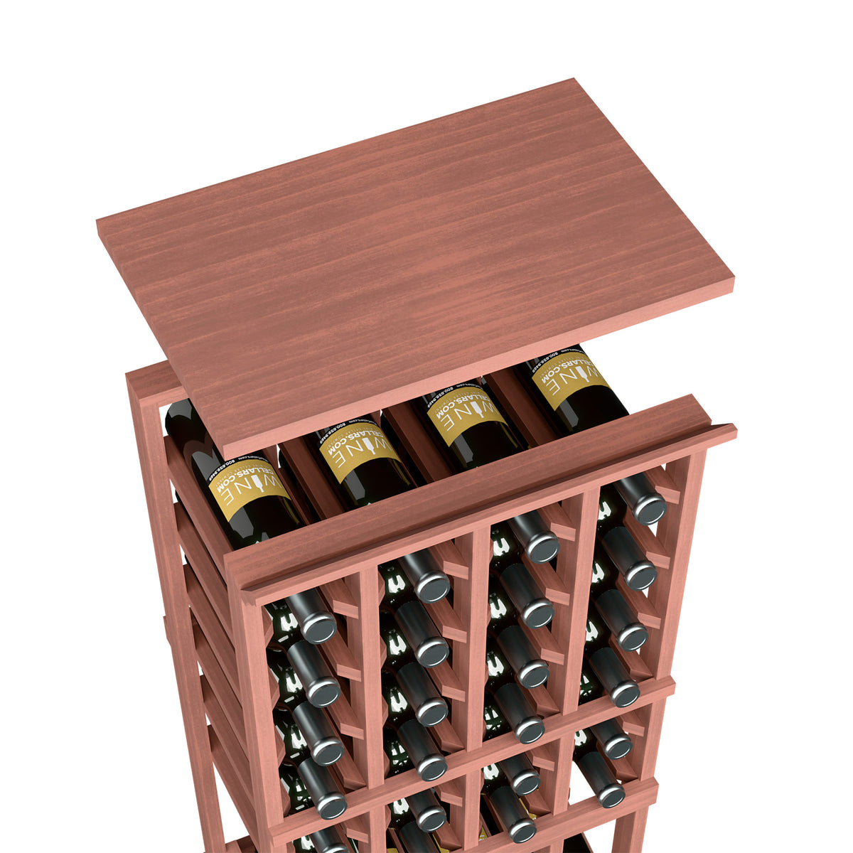 Red-brown wood top shelf on a 4-column wine rack with bottle storage cubbies