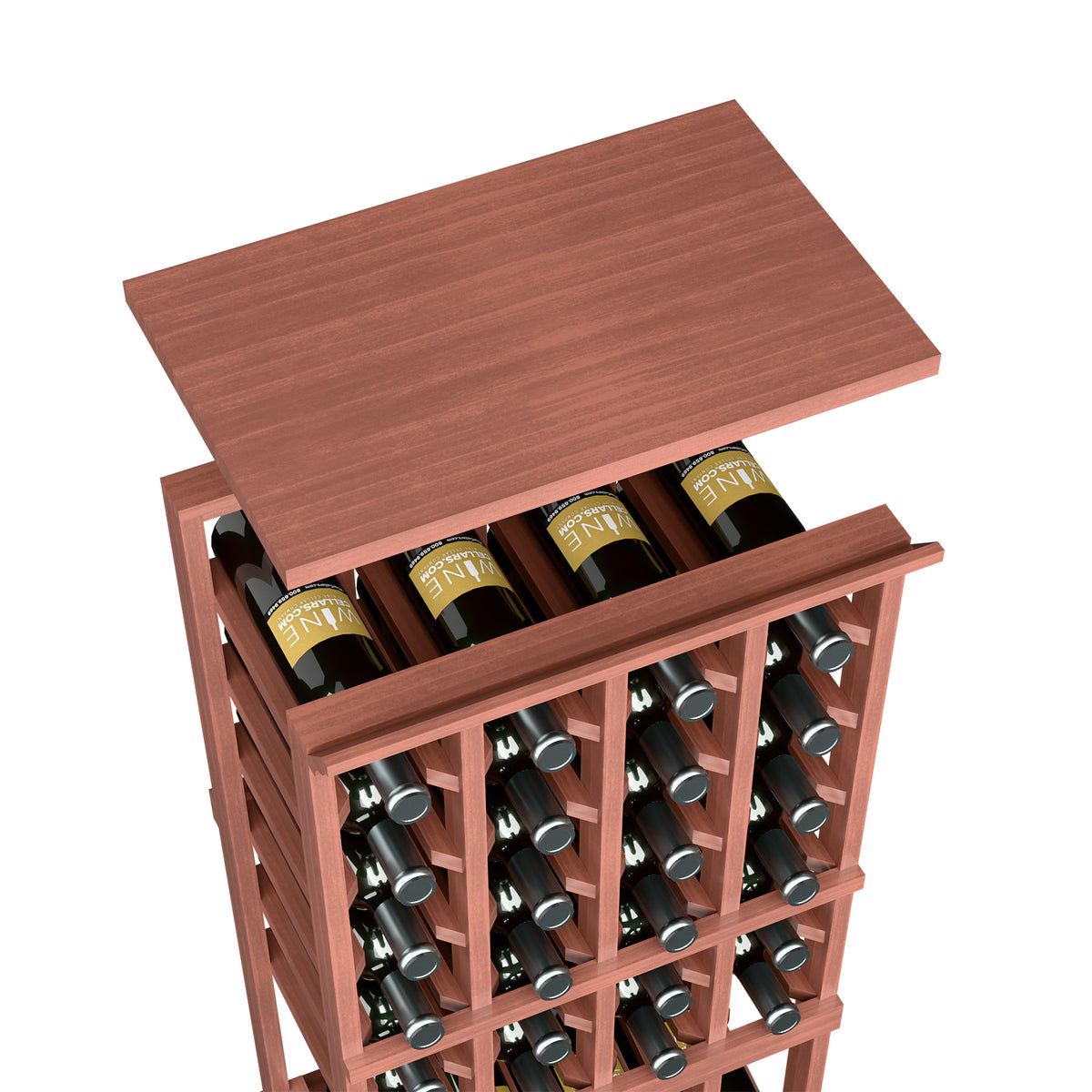 Red-brown top shelf on a 4-column wine rack; wine bottles in open cubbies