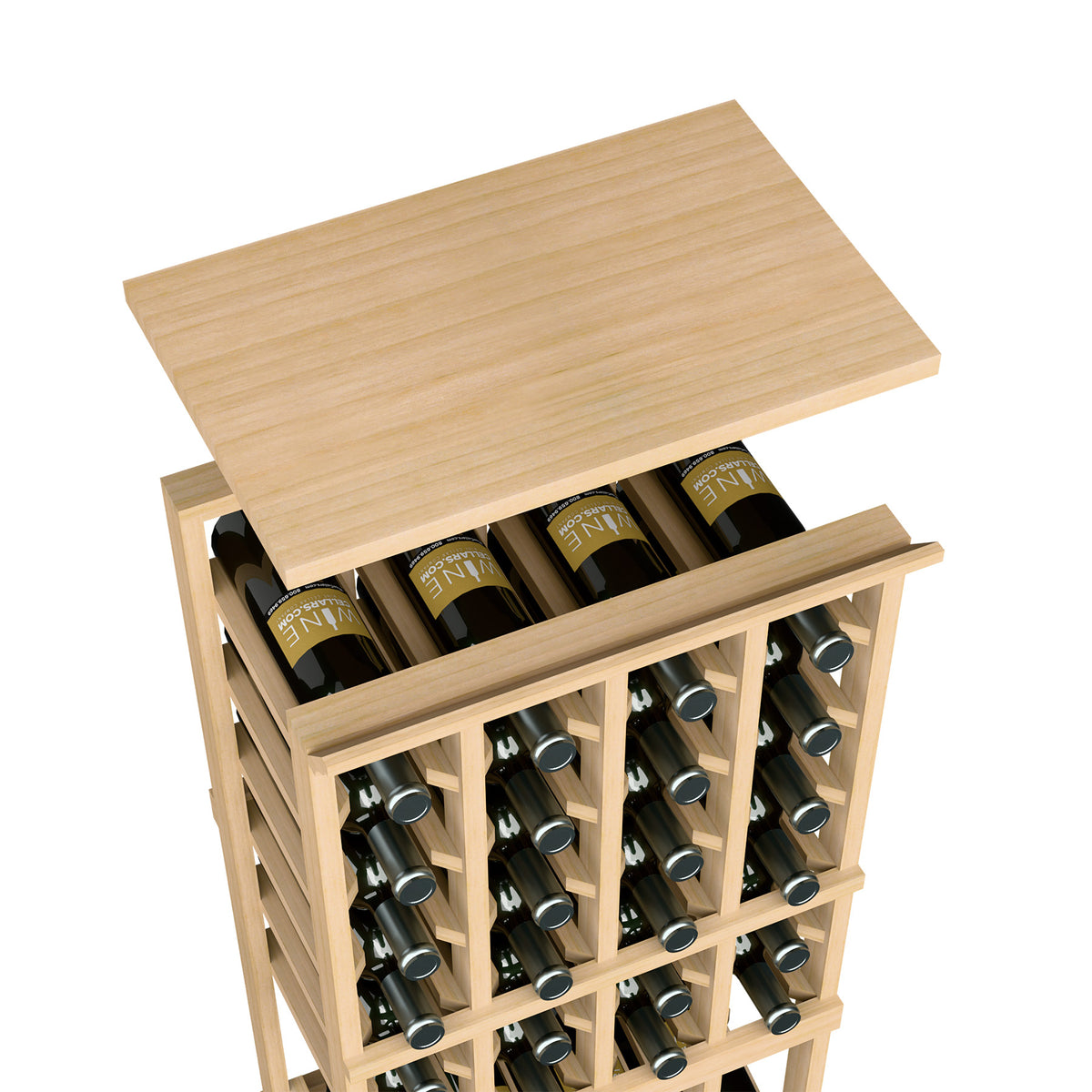 Light tan wood top shelf on a 4-column wine rack with bottle storage cubbies