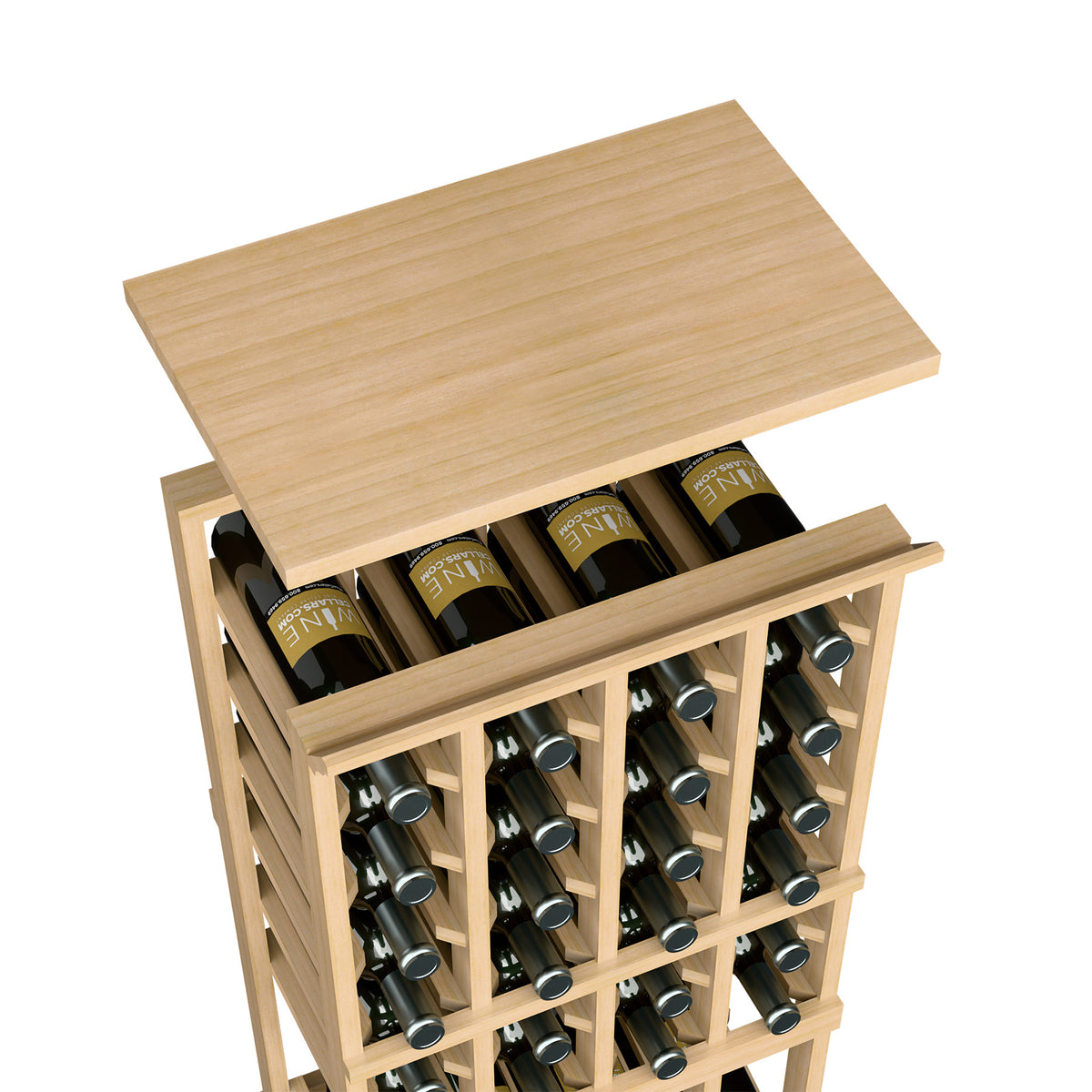 Light tan wood top shelf with wine bottles in 4-column rack cubbies below