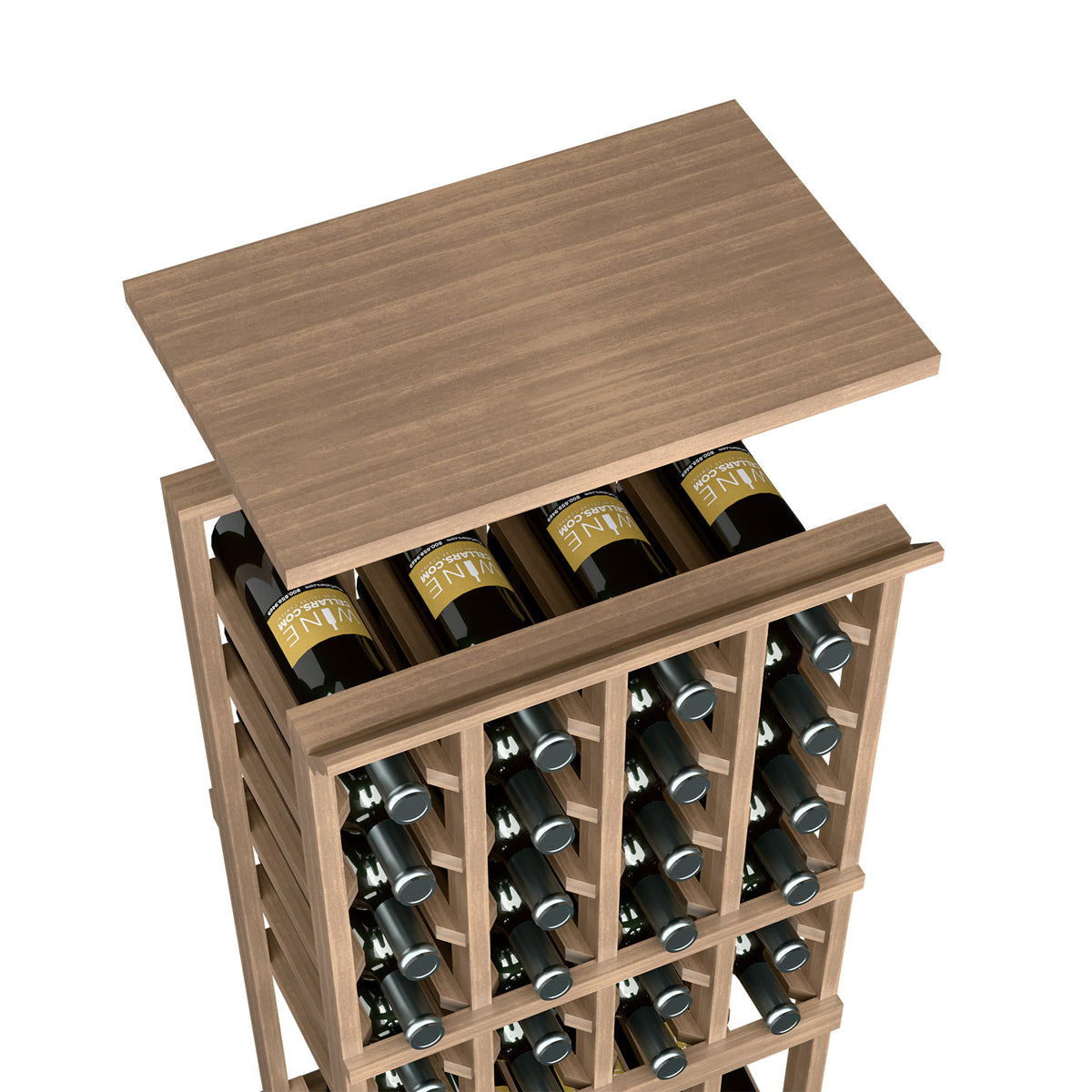 Warm brown wood top shelf on a 4-column wine rack with bottle cubbies visible
