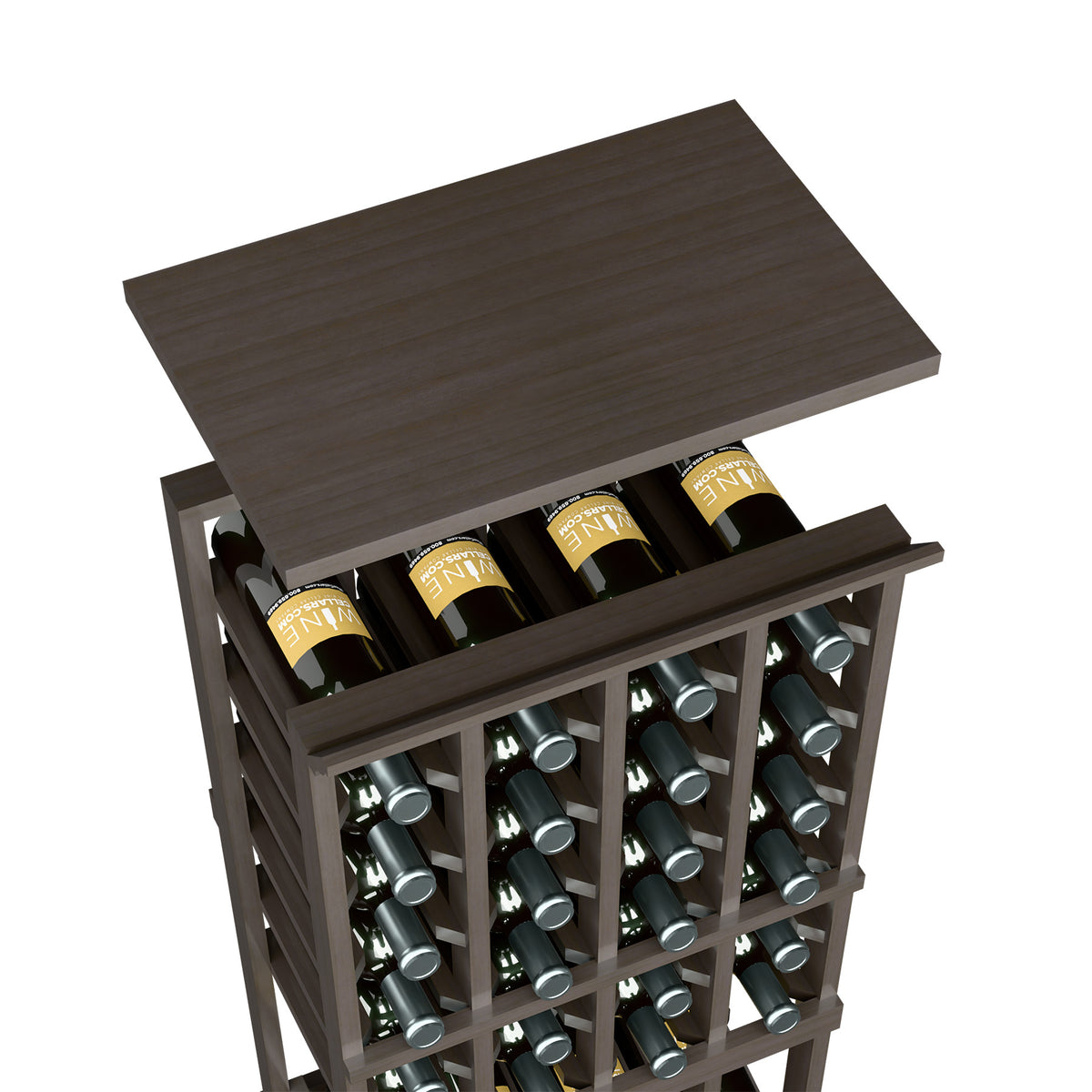 Dark gray top shelf on a 4-column wine rack; wine bottles in open cubbies