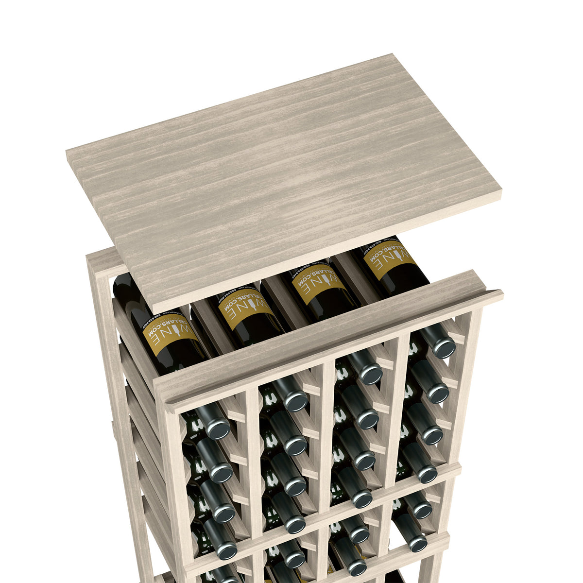 Gray wood wine rack shelf for 4-column rack with front bottle storage
