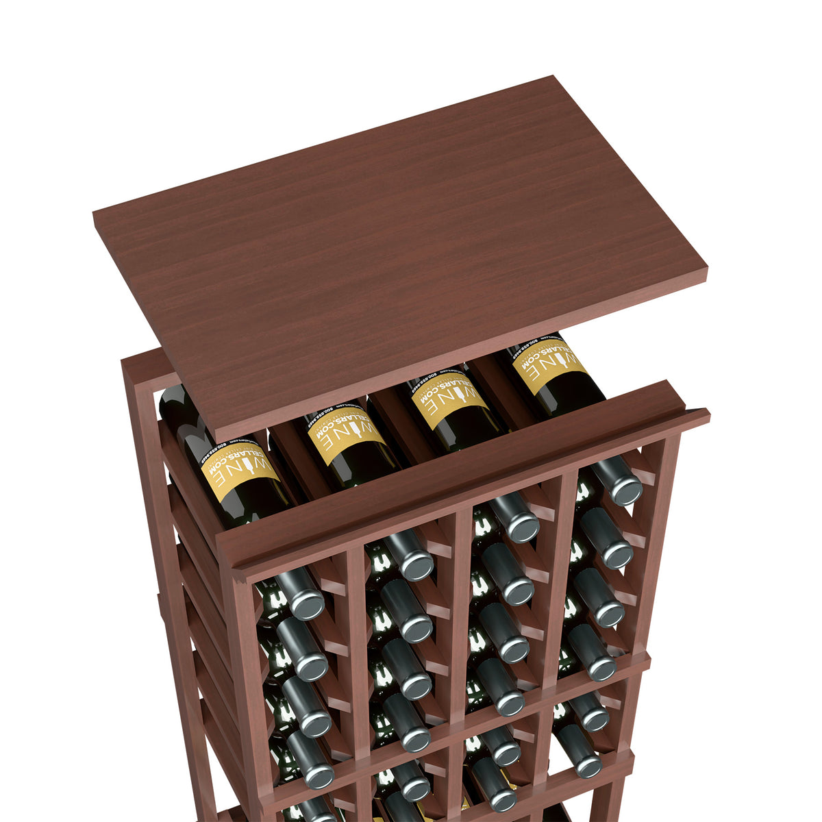 Dark brown wood wine rack shelf for 4-column rack, front grid holding bottles
