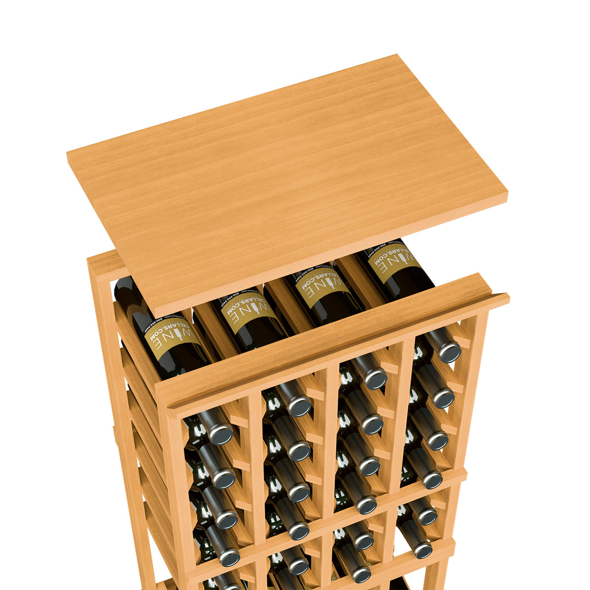 Honey-colored wood wine rack shelf for 4-column rack with open bottle slots