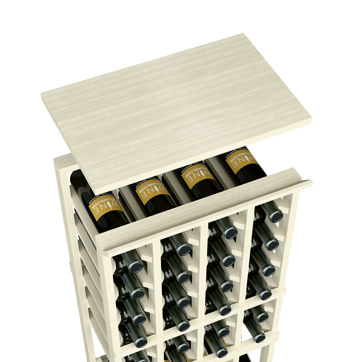 Whitewashed wood wine rack shelf for 4-column rack with front bottle storage