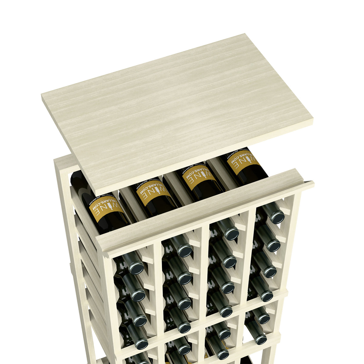 Whitewashed wood wine rack shelf for 4-column rack, bottles in front compartments