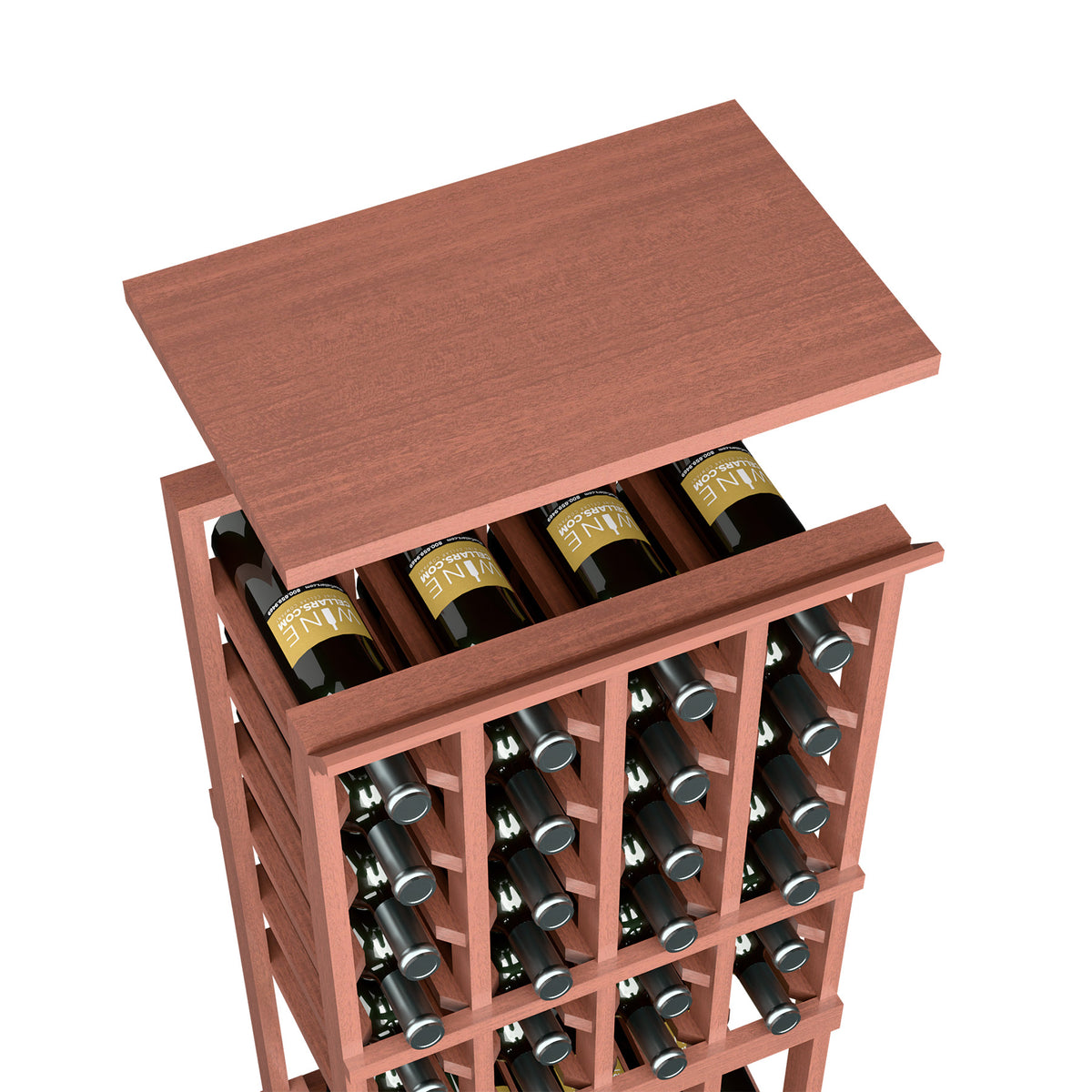 Red-brown wood wine rack top shelf with bottle holders, open frame grid