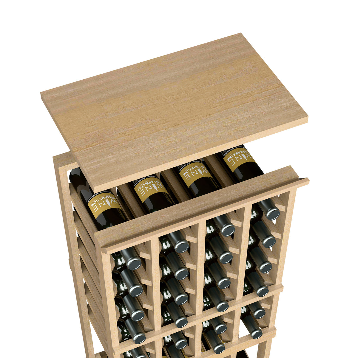 Light tan wood wine rack top shelf with bottle holders, open frame grid