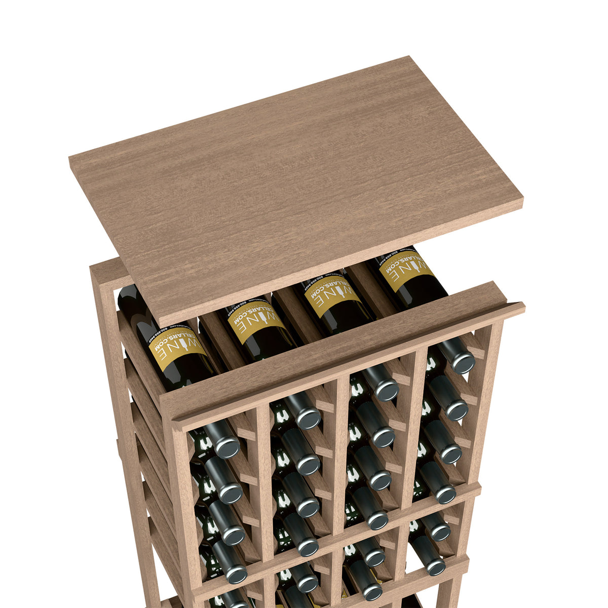 Medium brown wood wine rack top shelf with bottle holders and side grid