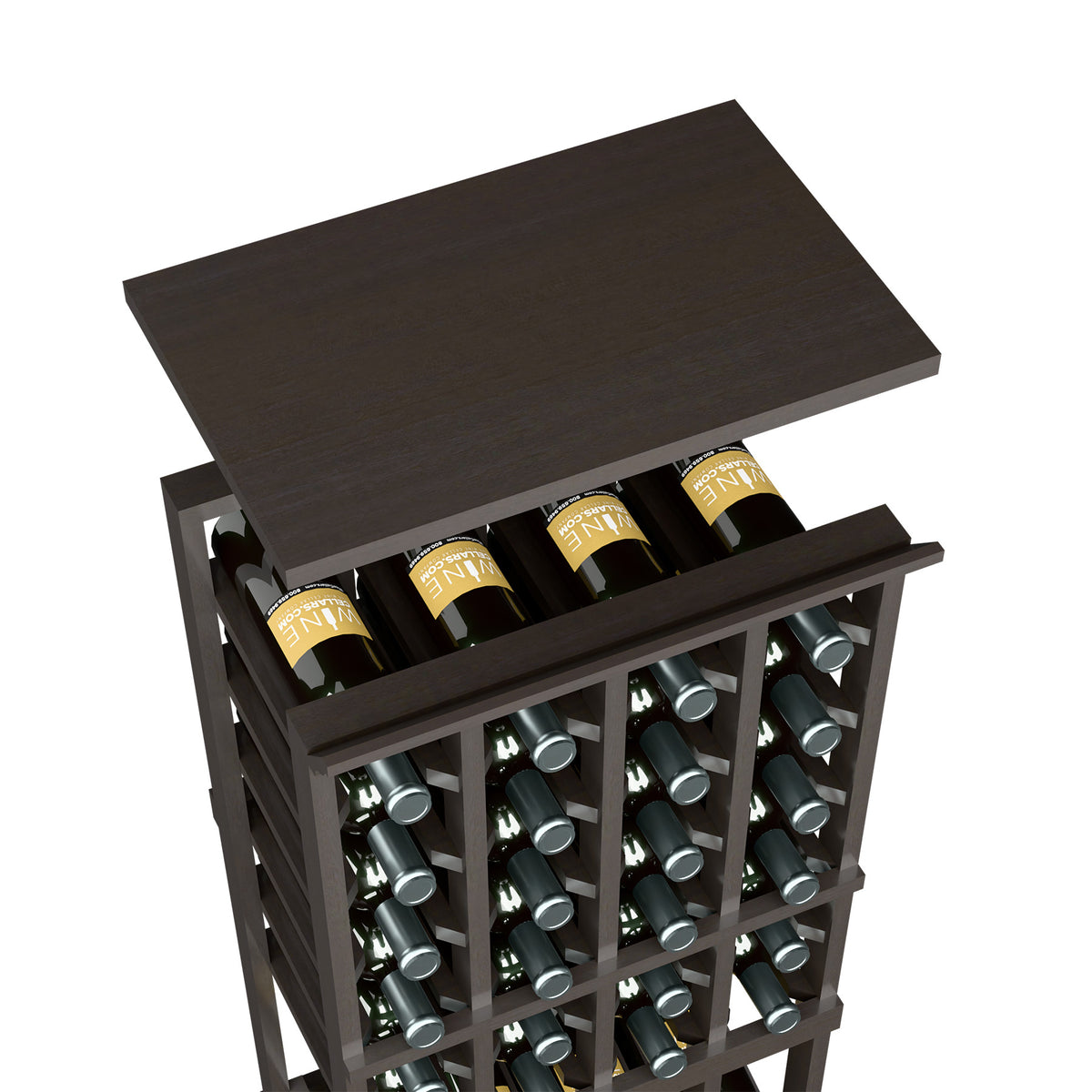 Dark grey wood wine rack top shelf with bottle holders, open frame grid