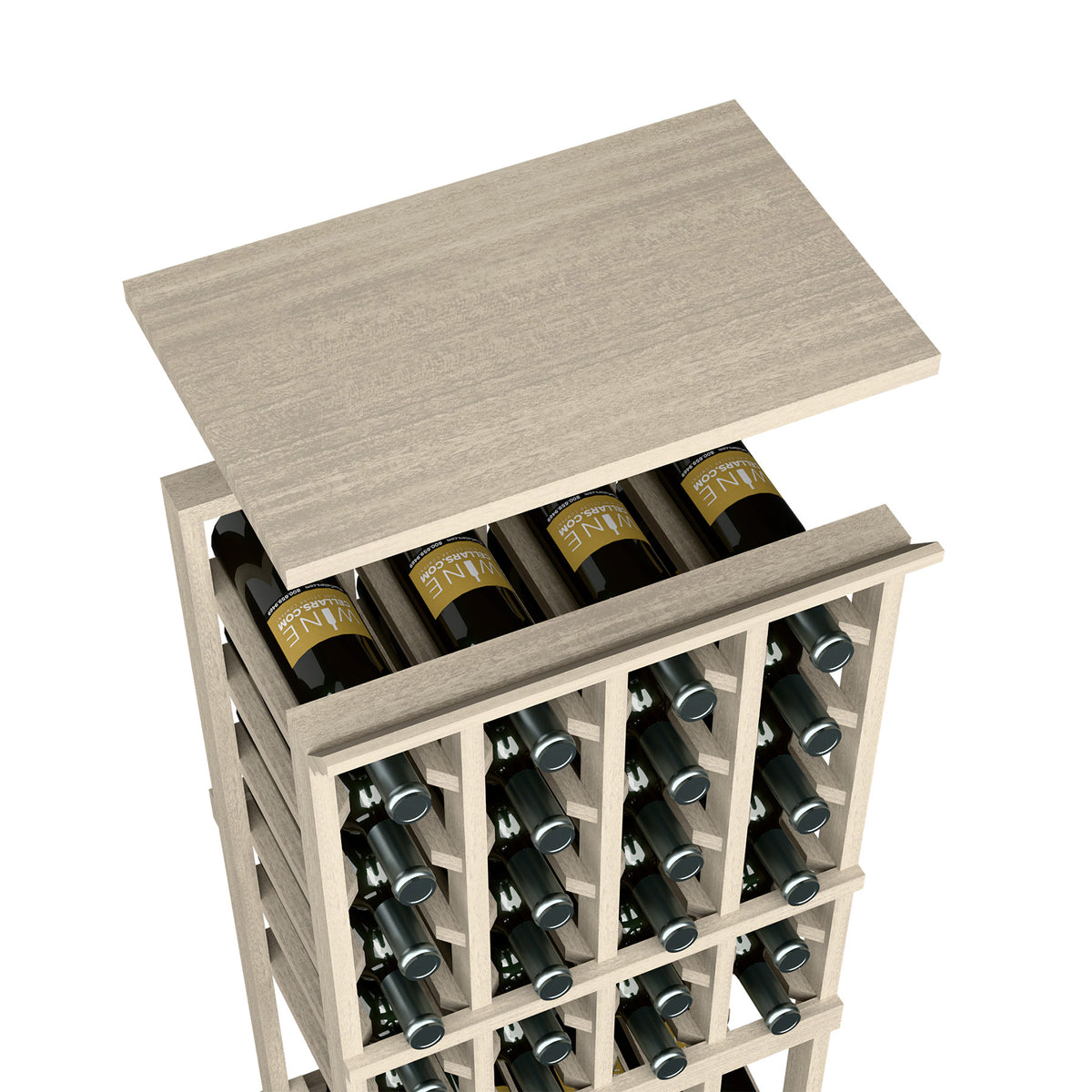 Wine bottle rack top shelf in gray wood, showing bottle slots