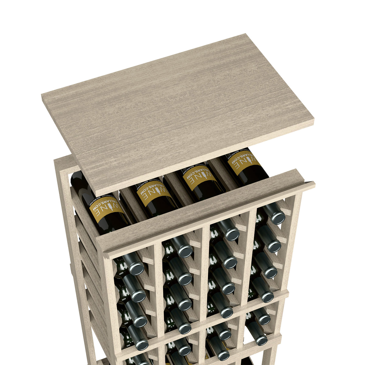 Wine bottle rack top shelf in gray wood with open bottle rows