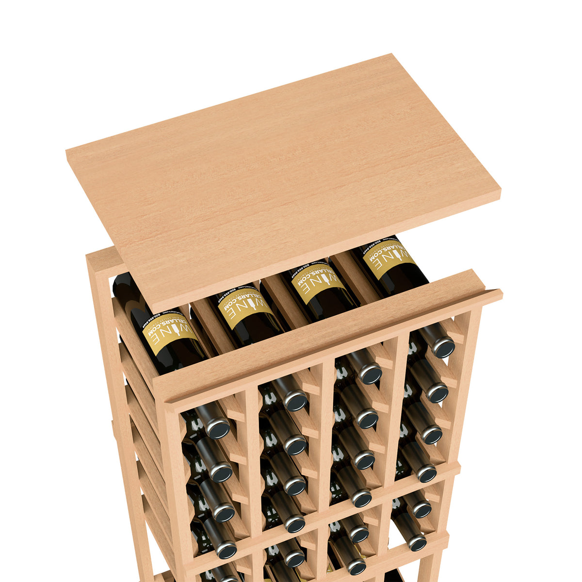 Wine bottle rack top shelf in light wood, showing bottle slots and bottles
