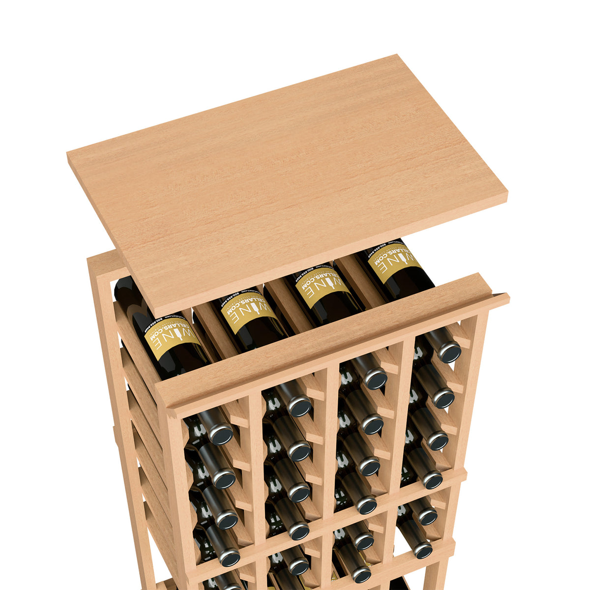 Wine bottle rack top shelf in light wood with open bottle rows