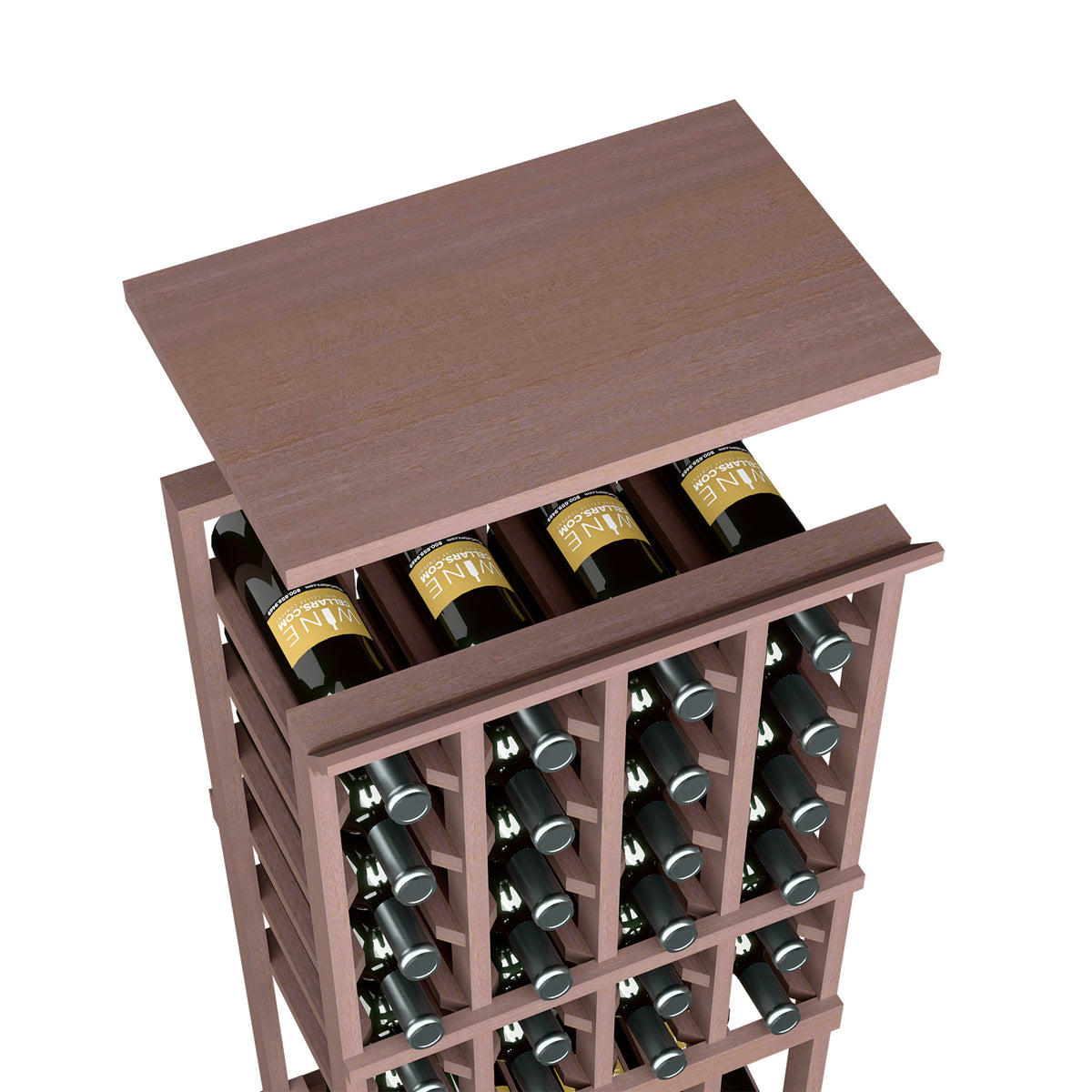 Wine bottle rack top shelf in dark brown wood, showing bottle slots