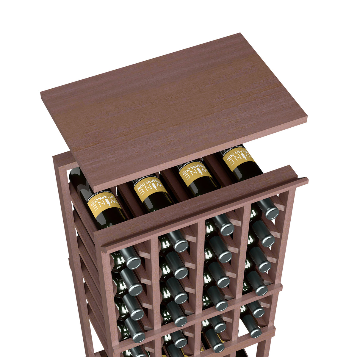 Wine bottle rack top shelf in dark brown wood with open bottle rows